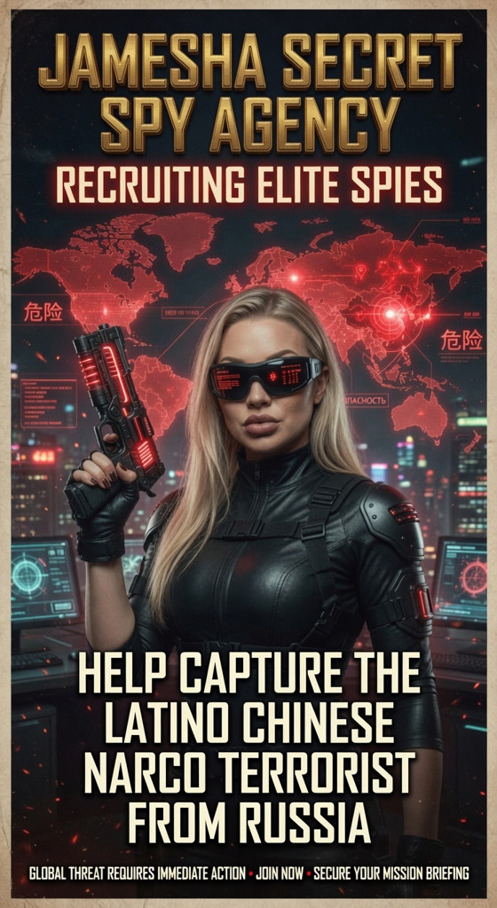 Recruitment poster: Agent Blue in tactical gear before a glowing world map. Headline reads Help Capture the Latino Chinese Narco Terrorist from Russia.