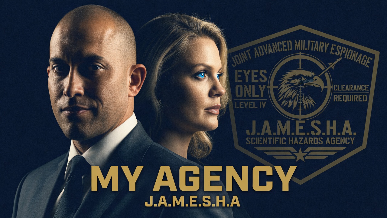 My Agency anthem title card — Commander and Night Shade with JAMESHA seal