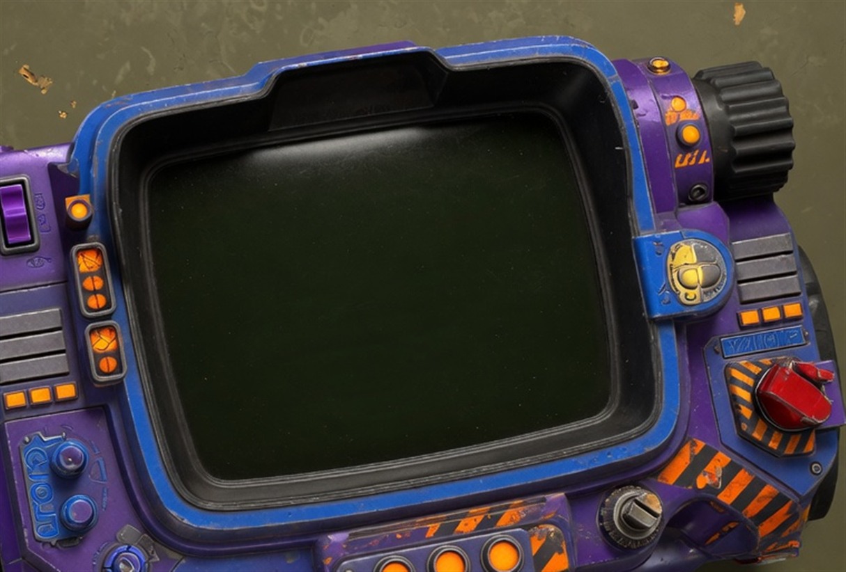 J.A.M.E.S.H.A. LT-01 Pip-Com console face — purple and blue chassis with orange hazard striping