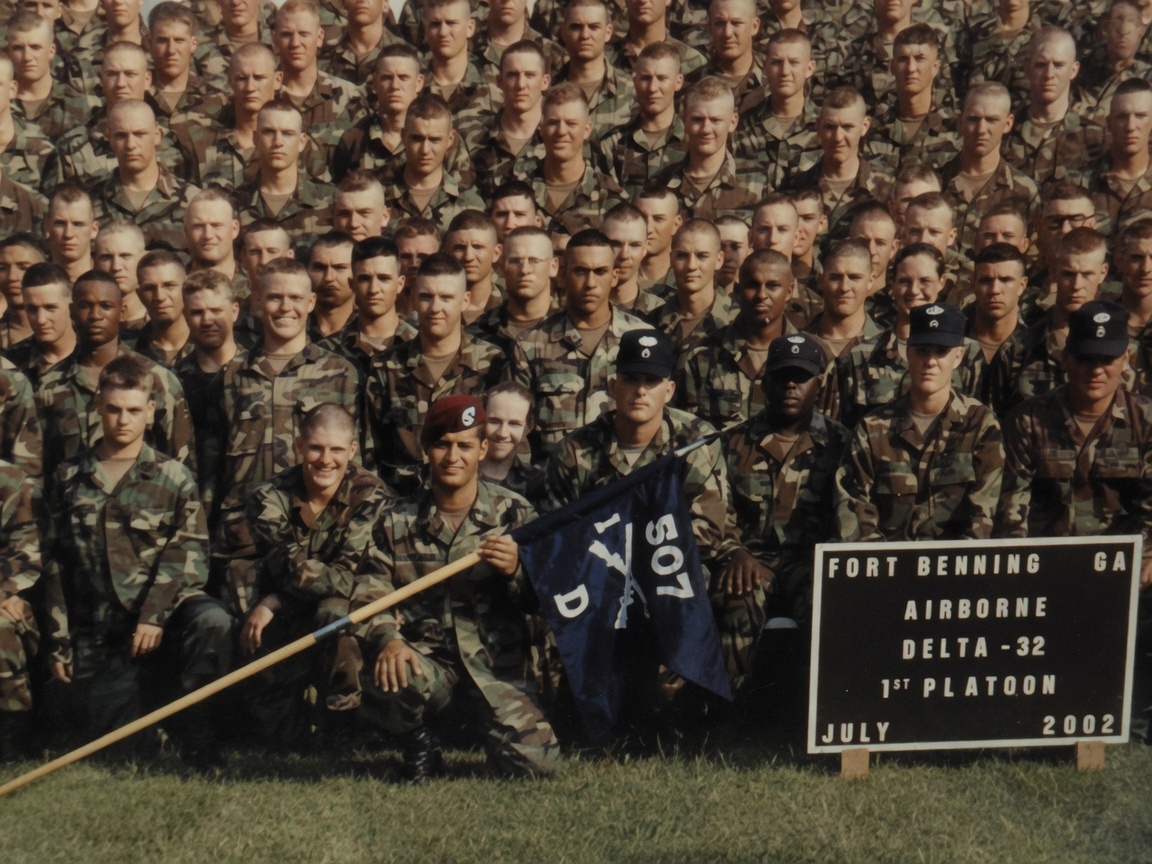 Airborne class group photo, Fort Benning Delta-32, July 2002 — find Commander in formation