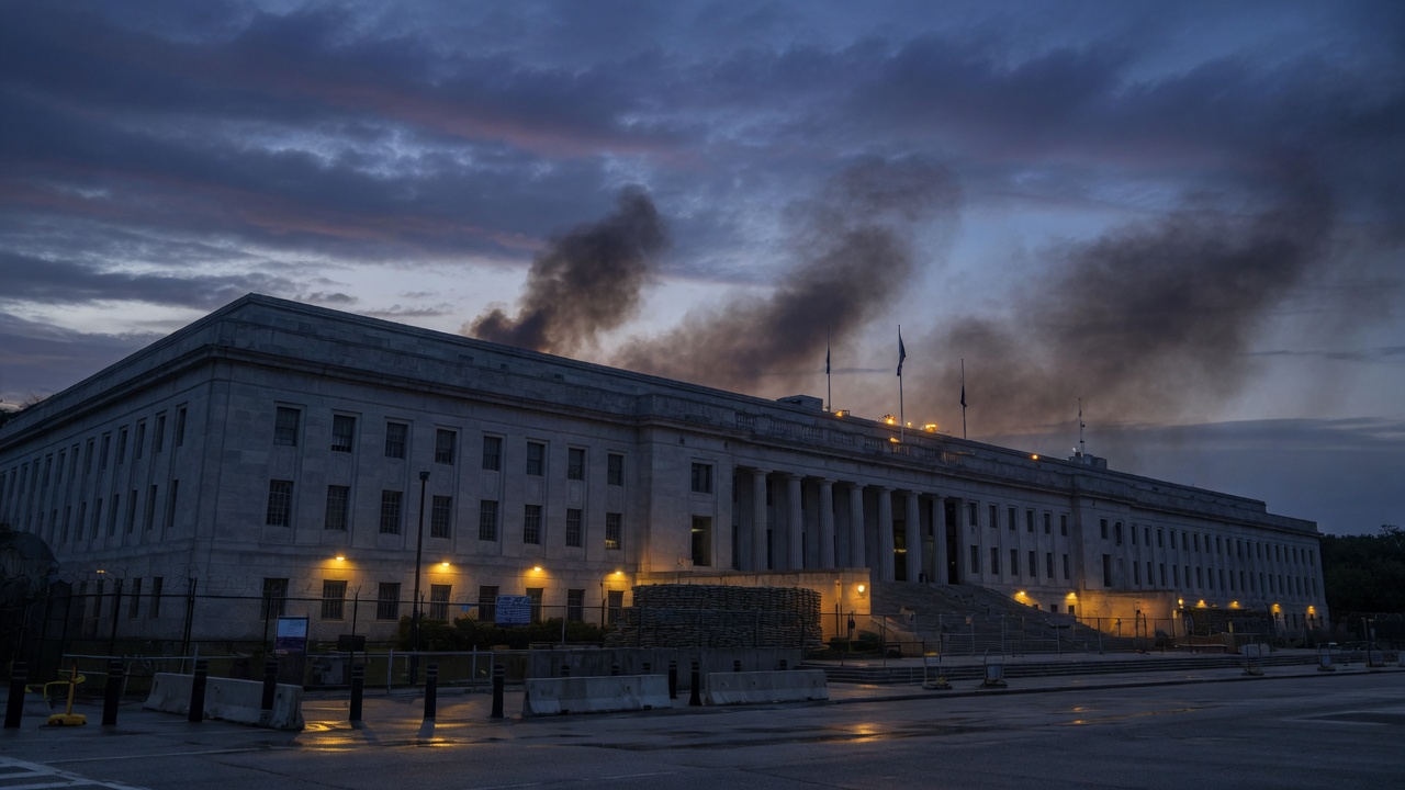 Somber architectural exterior under emergency lighting — memorial mood