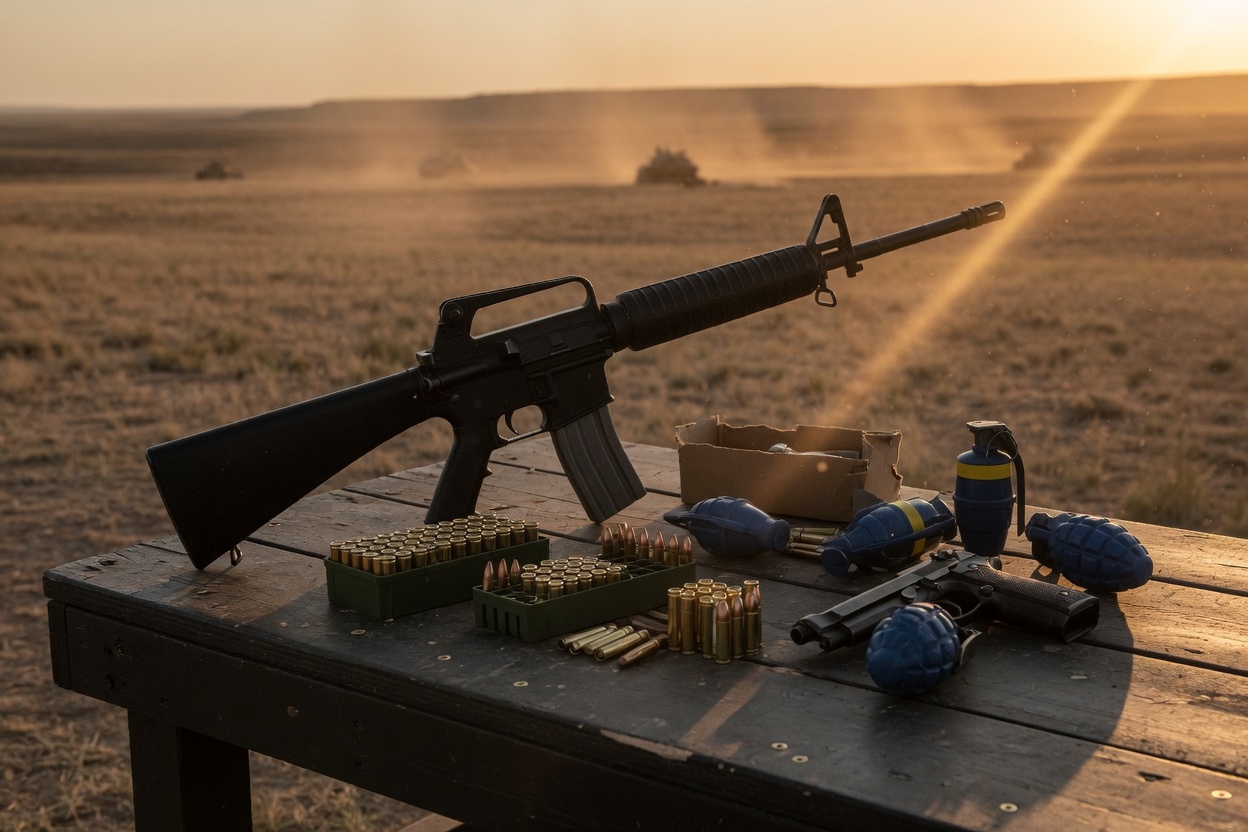 Tactical range still life — rifle and sidearm training aesthetic