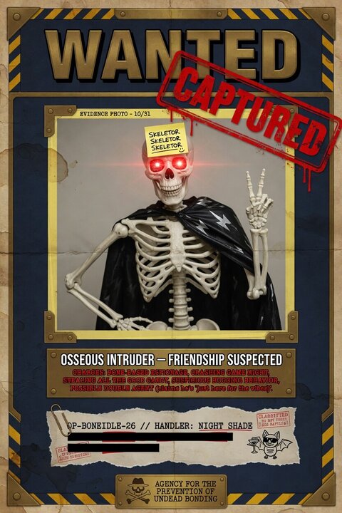 Wanted poster for Skeletor stamped CAPTURED