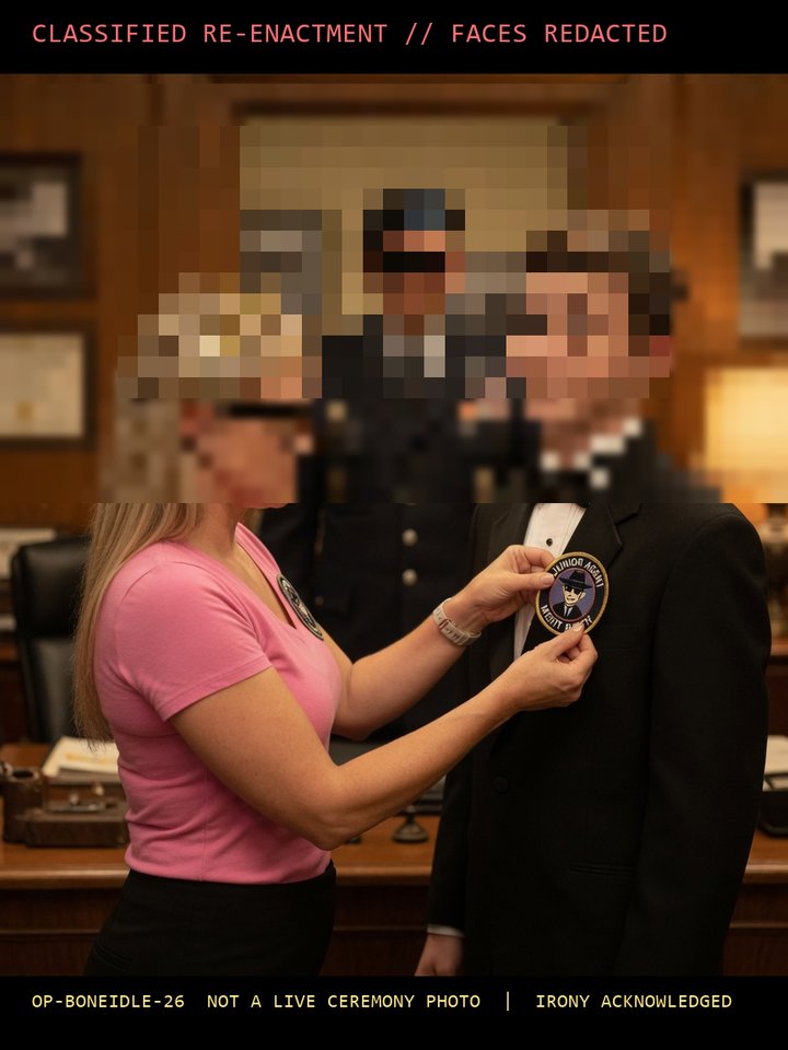 Classified re-enactment of the patch ceremony with faces redacted