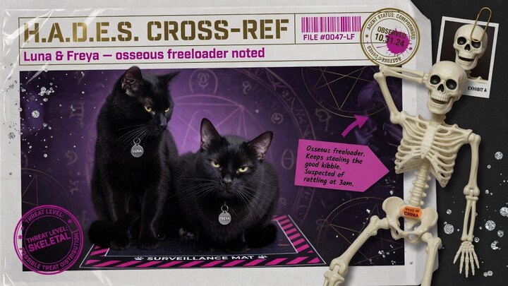 H.A.D.E.S. cross-reference: two short-haired black cats Luna and Freya side-eyeing a skeleton