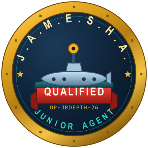 J.A.M.E.S.H.A. Junior Agent Qualified badge — brass roundel with a submarine, a QUALIFIED ribbon and the code OP-JRDEPTH-26