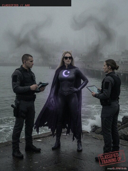 Night Shade with two junior agents at the pier