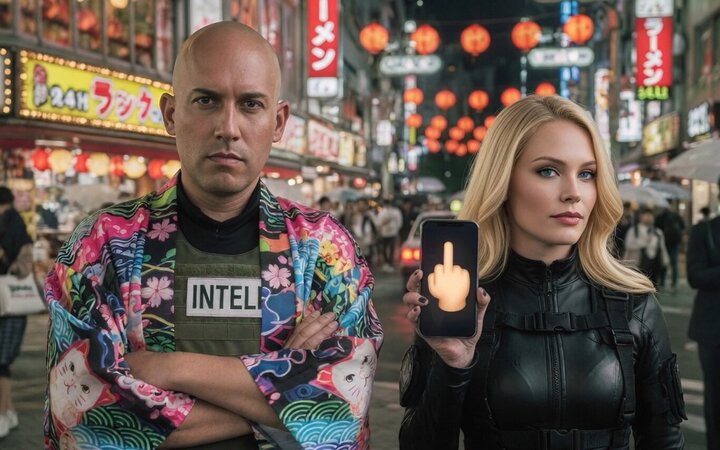 Night Shade holding a phone with a middle-finger emoji next to an annoyed Commander in kimono and INTEL vest in Shibuya