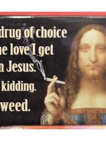 A framed novelty sign showing a classical painting with a joke caption