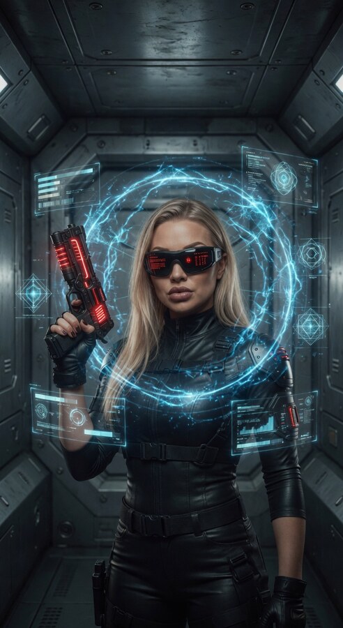 Agent Blue in a cyan neural-scan testing chamber — Operative Aptitude Battery OAB-7 key art