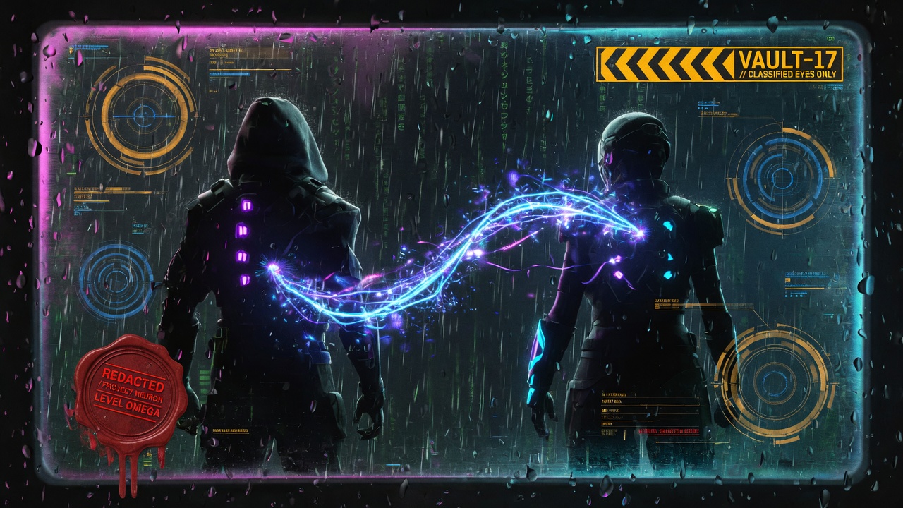 Neon neural filament linking two operators across a dystopian void