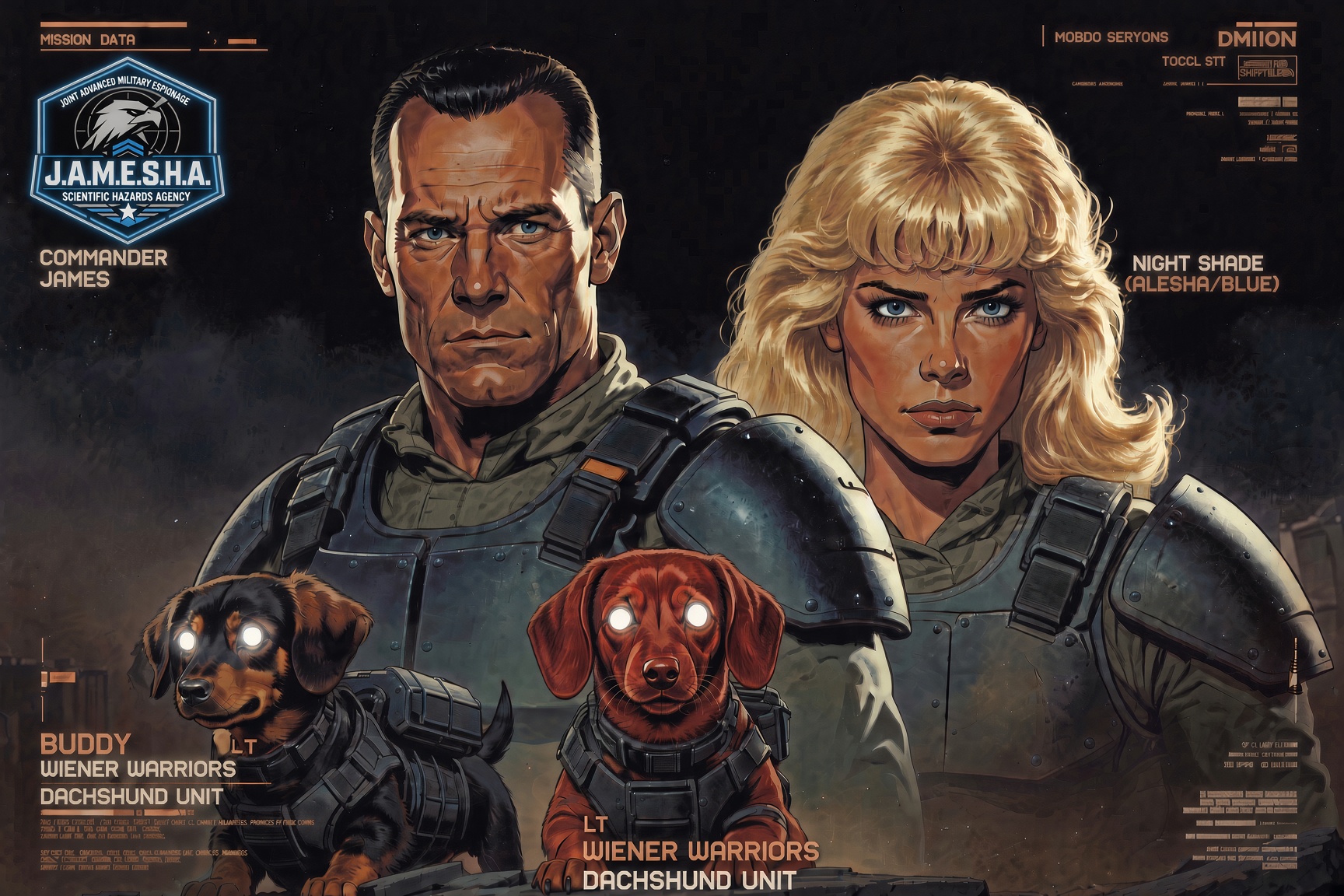 Agents of J.A.M.E.S.H.A. — The Series cast: Commander James, Night Shade, and the P.A.W.S. Unit dachshunds LT and Buddy