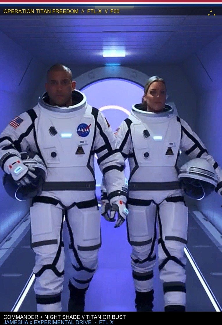 Commander and Night Shade in white EVA suits walking the corridor toward the experimental ship