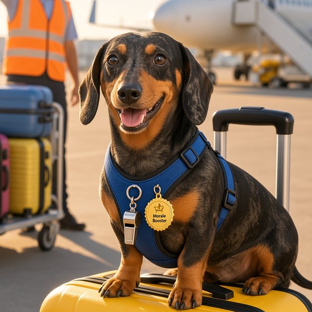 Buddy, a black and tan dachshund in a blue harness, sitting on a suitcase on the airport apron