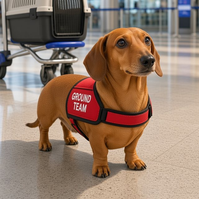 LT, a tan dachshund in a red Ground Team harness, waiting beside a pet carrier in an airport arrivals hall