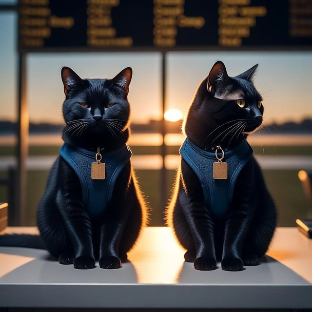 Luna and Freya, two black cats in navy travel harnesses, sitting side by side on a counter at sunset below a departures board