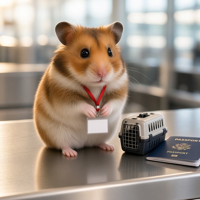 Rhino, a golden Syrian hamster wearing a red staff lanyard, sitting on a check-in counter beside a small pet carrier and a passport